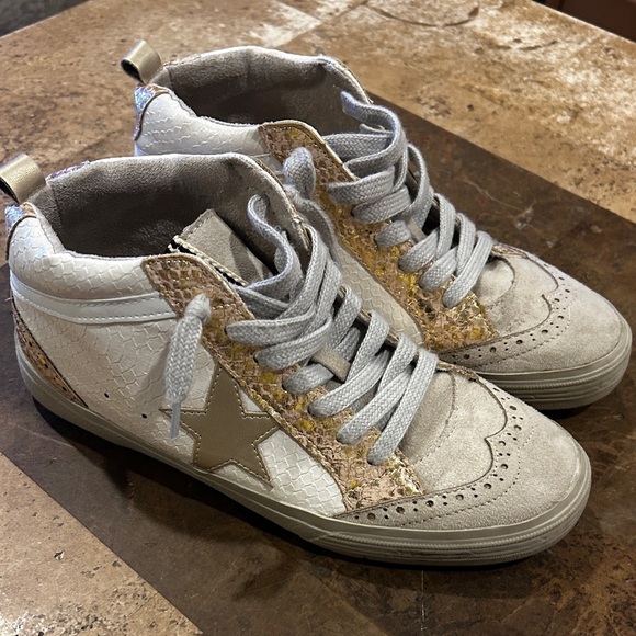 White and Gold High-Top Sneakers - Picture 2 of 10